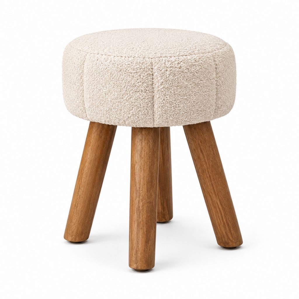 Polsterhocker Creme mit Polyesterbezug und Massivholzbeinen rund Ø 35 x H 45 cm