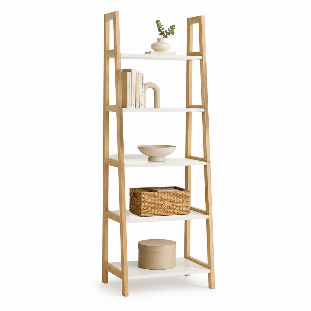 Bücherregal Standregal aus Bambus Massivholz und MDF Weiß Natur 5 Ebenen 60 x 35 x 180 cm