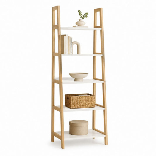 Bücherregal Standregal aus Bambus Massivholz und MDF Weiß Natur 5 Ebenen 60 x 35 x 180 cm