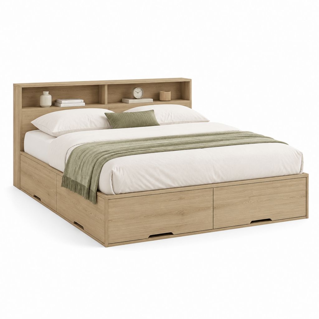 Stauraumbett Bettgestell Eiche hell Spanplatte rechteckig mit Kopfteil 160 x 200 cm